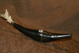 Timor Ethnic Authentic Lime Tribal Container, Unique & Rare Hand Carved Buffalo Horn & Bone receptacle Representing a Barracuda Fish  (14" long) ITEM BN46A comes with handcrafted base, gold and black