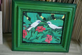 22 x 18” ORIGINAL DETAILED COLORFUL BALINESE PAINTING ON CANVAS BY RENOWN UBUD ARTIST RAINFOREST PARADISE WITH FOLIAGE HIBISCUS FLOWERS STARLING BIRDS FRAMED IN SIGNED CUSTOM FRAME HANDPAINTED TO MATCH ARTWORK DECORATOR DESIGNER ART COLLECTOR DFBB65