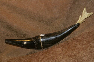 Timor Ethnic Authentic Lime Tribal Container, Unique & Rare Hand Carved Buffalo Horn & Bone receptacle Representing a Barracuda Fish  (14" long) ITEM BN46A comes with handcrafted base, gold and black