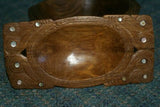 TWO (2) 11X9 & 8X3” STUNNING UNIQUE HAND CARVED KWILA WOOD  CARVED MASTERPIECES PLATTER DISH BOWLS WITH MOTHER OF PEARL INSERTS & DELICATE LACY BORDERS BY RENOWNED SCULPTOR TROBRIANDS ISLANDS SOUTH PACIFIC MELANESIA 2A30 & 2A10