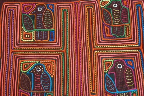 Kuna Indian Abstract Traditional Mola bloouse panel from San Blas Islands, Panama. Minutely Hand stitched Art Applique: Bird Maze 18
