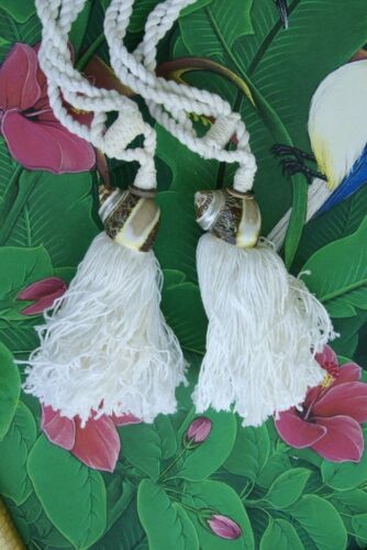 2 Pearlized Nacre Tapestry Turban Seashell Tassels Curtain Holdbacks Mother of Pearl Oceanic Art, South Pacific Home Decor Accent, Handcrafted Unique perfect for Designer Decorator Shell Collector Beach Lover Pool Cabana Look
