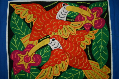 Kuna Indian Folk Art Mola from San Blas Islands, Panama. Hand stitched Textile Applique: Orange Humming Bird / Hummer Bird & Hibiscus Flower 14