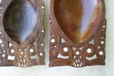 2 LARGE STUNNING HAND CARVED ROSEWOOD MUSEUM MASTERPIECES SAGO PLATTER DISH BOWLS WITH MOTHER OF PEARL INSERTS & DELICATELY INCISED LACY BORDERS BY RENOWNED TRIBAL SCULPTOR TROBRIAND ISLANDS MELANESIA SOUTH PACIFIC COLLECTOR DESIGN 2A109 & 2A22.