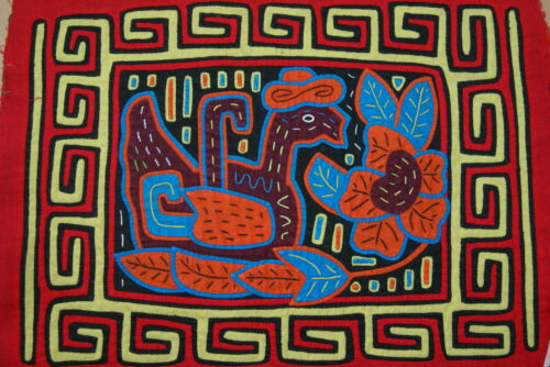 Kuna Indian Folk Art Mola blouse panel from San Blas Island, Panama. Hand-stitched  Applique: Motif of Duck Floating in Pond with Water Lilies  14