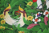 GIGANTIC 52”x 32” ORIGINAL DETAILED COLORFUL  BALINESE PAINTING ON CANVAS BY RENOWN UBUD ARTIST TROPICAL RAINFOREST WITH FOLIAGE STARLINGS BIRD OF PARADISE HIBISCUS FRAMED IN HAND PAINTED CUSTOM FRAME DFBB15 UNIQUE DESIGNER COLLECTOR ARTWORK MASTERPIECE