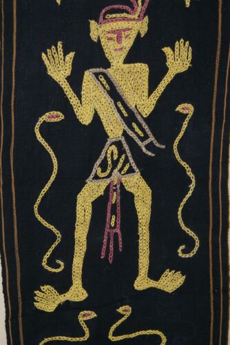Rare old ceremonial hand spun hand woven black hemp textile loin cloth, Protective royal ancestor motif guarded by marine animals, Embroidery is hand twisted bark rope fiber twine. Melolo Village Sumba Indonesia (RE2) 35
