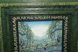 17.5”x 15.5” ORIGINAL TRADITIONAL BALINESE PAINTING ON CANVAS BY RENOWN BATUAN ARTIST NATURE WATERFALLS  RICE FIELDS VILLAGE PEOPLE FULL OF MINUTE DETAIL FRAMED IN HAND PAINTED CUSTOM FRAME  TO MATCH ARTWORK DFBT2 DESIGNER DECOR COLLECTOR MASTERPIECE