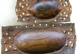 2 LARGE STUNNING HAND CARVED ROSEWOOD MUSEUM MASTERPIECES SAGO PLATTER DISH BOWLS WITH MOTHER OF PEARL INSERTS & DELICATELY INCISED LACY BORDERS BY RENOWNED TRIBAL SCULPTOR TROBRIAND ISLANDS MELANESIA SOUTH PACIFIC COLLECTOR DESIGN 2A89 & 2A27.