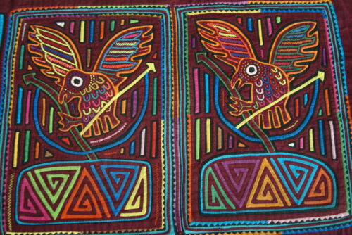 Kuna Indian Folk Art Mola Blouse Panel from San Blas Islands, Panama. Hand stitched Applique: Birds with Bow & Arrow Motif 19.75