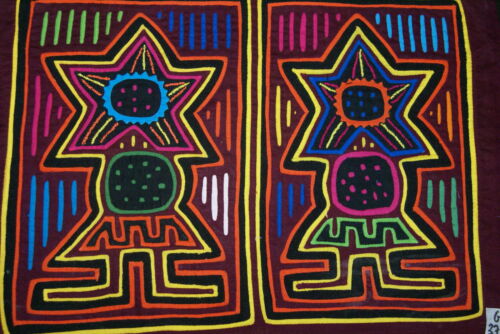 Kuna Indian Folk Art Mola blouse panel from San Blas Islands, Panama. Hand stitched Reverse Applique: Mirror Image Revered Albino Girls Represented as Special Stars 17