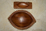 2 STUNNING HAND CARVED ROSEWOOD HAND CARVED SAGO PLATTER DISH BOWLS, 1 WITH MOTHER OF PEARL INSERTS & BOTH WITH DELICATELY INCISED BORDERS BY RENOWNED TRIBAL SCULPTOR TROBRIAND ISLANDS MELANESIA SOUTH PACIFIC COLLECTOR DESIGN 2A196 & 2A20 2A196)