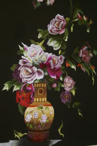 DFH15: Huge Hmong Tribe Colorful Artwork Silk Embroidery Needlework Original Museum Art Masterpiece Floral Bouquet of Roses in Decorative Vase Unique Art Matted & Frame 34