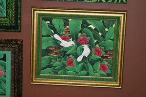25”x 21” ORIGINAL MASTERPIECE COLORFUL  BALINESE PAINTING ON CANVAS RENOWN UBUD ARTIST RAINFOREST PARADISE WITH FOLIAGE HIBISCUS STARLING BIRDS FRAMED IN SIGNED CUSTOM FRAME HANDPAINTED TO MATCH ARTWORK DFBB1 DECORATOR DESIGNER ART COLLECTOR