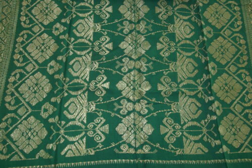 Old Brocade Damask Songket Sarong Emerald Green Embroidery with Metallic Gold Threads and Lotus Motifs 63