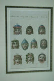 RARE HIGHLY COLLECTIBLE 1790 H.C HAND COLORED ANTIQUE Copper engraving created on handmade paper by Bertuch 1790, Over 230 years old. Ancient masks For tragedy performances, for comedies & bacchic masks for satire.