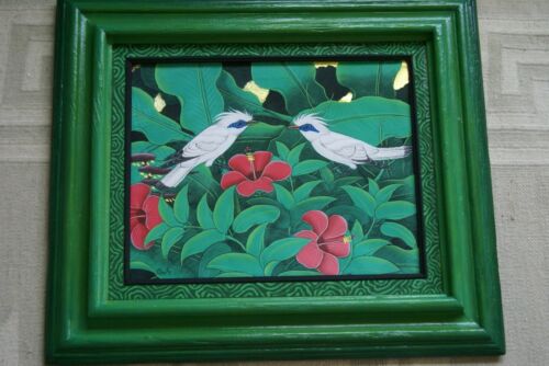 22 x 18” ORIGINAL DETAILED COLORFUL BALINESE PAINTING ON CANVAS BY RENOWN UBUD ARTIST RAINFOREST PARADISE WITH FOLIAGE HIBISCUS FLOWERS STARLING BIRDS FRAMED IN SIGNED CUSTOM FRAME HANDPAINTED TO MATCH ARTWORK DECORATOR DESIGNER ART COLLECTOR DFBB65