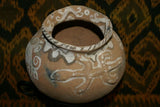 Rare 1980's Vintage Collectible Primitive Hand Crafted Vermasse Terracotta Pottery, Vessel from East Timor Island, Indonesia: 3D Raised Relief Decorative Geometric & Crocodile Motifs colored with natural earthtone Pigments 8" x 6" (22" Diameter) P41