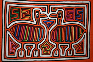Kuna Indian Folk Art Mola Blouse Panel from San Blas Islands, Panama. Hand stitched Applique: Mirror Image Ducks 16" x 11.5" (Item 62A)