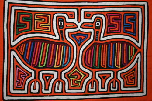 Kuna Indian Folk Art Mola Blouse Panel from San Blas Islands, Panama. Hand stitched Applique: Mirror Image Ducks 16