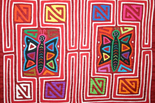 Kuna Indian Traditional Quilted Mola Blouse Panel from San Blas Islands, Panama. Hand Stitched Folk Art Reverse Applique: Butterfly with Maze Background 15