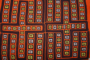 Kuna Indian Folk Art Mola Blouse panel from San Blas Islands, Panama. Hand stitched Reverse Applique: Pig Hooves / Animal Tracks 18" x 13" (41A)