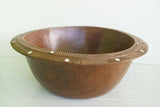 HUGE 16”x 16”x 7” STUNNING UNIQUE KWILA WOOD DEEP BOWL 2A2 MUSEUM MASTERPIECE WITH MOTHER OF PEARL INSERTS & DELICATE INCISED BORDER BY RENOWNED TRIBAL SCULPTOR FROM TROBRIAND ISLANDS MELANESIA SOUTH PACIFIC + FREE GIFT $190.00 VALUE FISH CARVING