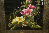Huge Hmong Tribe Colorful Artwork Silk Embroidery Needlework Original Museum Art Masterpiece of Japanese Bouquet Floral Arrangement in vase, orchids & lilies, Hand stitched by Talented artist Mats & Frame Hand painted & signed DFH7 31" x 23 ½  Décor