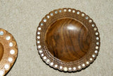 STUNNING 1 OF A KIND HAND CARVED KWILA WOOD MUSEUM MASTERPIECE SAGO PLATTER DISH BOWL WITH MOTHER OF PEARL INSERTS & DELICATE LACY INCISED BORDER BY RENOWNED TRIBAL SCULPTOR 5.25X5.25X1 TROBRIAND ISLANDS MELANESIA SOUTH PACIFIC DESIGNER COLLECTOR 2A58