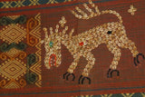 Hand woven Ceremonial Hinggi Sumba Songket Ikat Textile 55"x 13.75" created with symbolic animal motifs & geometrics. Tapestry is Hand spun Cotton, Dyed with Natural Pigments. Horse Motif Created with Hand sewn tiny Nassa Shells (SR39) rust red background
