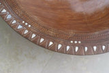 16”x 16”x 4”UNIQUE  STUNNING KWILA WOOD DEEP BOWL WITH INCISED BORDERS AND TEAR SHAPE & ROUND MOTHER OF PEARL INLAYS BY RENOWNED TRIBAL SCULPTOR FROM REMOTE TROBRIAND ISLANDS MELANESIA MASSIM SOUTH PACIFIC COLLECTOR DESIGNER ART 2A64