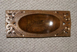 STUNNING ONE OF A KIND HAND CARVED KWILA WOOD MUSEUM MASTERPIECE SERVING PLATTER DISH BOWL WITH MOTHER OF PEARL INSERTS & DELICATE LACY BORDER RENOWNED TRIBAL SCULPTOR TROBRIAND ISLANDS MELANESIA SOUTH PACIFIC COLLECTOR DESIGNER 2A111 15" X 6" X 2 1/2"