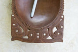 13.5”x 8”x 3” UNIQUE  STUNNING KWILA WOOD BOWL WITH INCISED DELICATELY LACY BORDERS & ROUND MOTHER OF PEARL INLAYS BY RENOWNED TRIBAL SCULPTOR FROM REMOTE TROBRIAND ISLANDS MELANESIA MASSIM SOUTH PACIFIC COLLECTOR DESIGNER ART 2A96