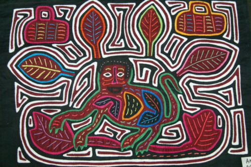 Kuna Indian Abstract Traditional Mola blouse panel from San Blas Islands, Panama. Hand stitched Applique Art: Festive Panama Hat & Monkey on maze labyrinth background  15.5