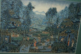 GIGANTIC 30”x 25” ORIGINAL TRADITIONAL COLORFUL  BALINESE PAINTING ON CANVAS BY RENOWN BATUAN ARTIST NATURE WATERFALL RICE FIELDS VILLAGE PEOPLE FULL OF MINUTE DETAIL FRAMED IN HAND PAINTED CUSTOM FRAME DFBT5 UNIQUE DESIGNER DECOR COLLECTOR MASTERPIECE