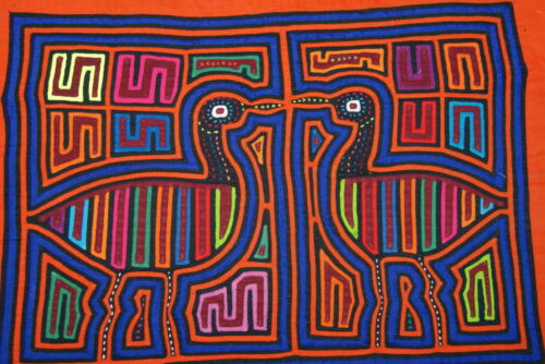 Kuna Indian Folk Art Abstract Mola blouse panel from San Blas Island Panama. Minute Hand Stitched Applique: Mirror Image Bird Duck 16