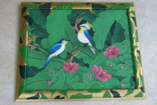 30”x 25” ORIGINAL DETAILED COLORFUL  BALINESE PAINTING ON CANVAS RENOWN UBUD ARTIST RAINFOREST PARADISE WITH FOLIAGE HIBISCUS BIRDS FRAMED IN SIGNED CUSTOM FRAME HANDPAINTED TO MATCH ARTWORK DFBB8 DECORATOR DESIGNER ART COLLECTOR