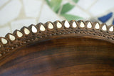 STUNNING UNIQUE HAND CARVED ROSEWOOD MUSEUM MASTERPIECE SERVING PLATTER DISH BOWL WITH MOTHER OF PEARL TEAR INSERTS & DELICATE LACY BORDER RENOWNED SCULPTOR TROBRIAND ISLANDS MELANESIA SOUTH PACIFIC  KULA RING COLLECTOR DESIGNER 2A177 11" X 9 1/2" X 3"