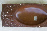 HUGE 21”x 8.5”x 3” STUNNING ROSEWOOD MUSEUM MASTERPIECE SAGO PLATTER DISH BOWL DELICATELY CARVED WITH INCISED LACY BORDERS INLAID WITH MOTHER OF PEARL RENOWNED TRIBAL SCULPTOR REMOTE TROBRIAND ISLANDS MELANESIA MASSIM SOUTH PACIFIC COLLECTOR DESIGNER 2A80