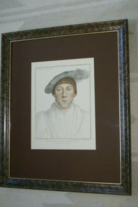 1884 antique original folio stipple engraving Holbein’s famous Court portraits 135 years old stunning rendition of Thomas Earl of Surrey Professionally Framed in hand painted frame with mat. 22,25" X 18.5"