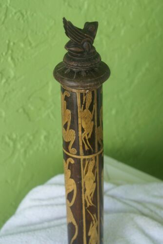 Tribal Wood & Bamboo Betel Nut Carrier, Flute container, Hand Carved & Hand Etched Bird Stopper Lid, BNW6, 16