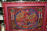 Kuna Indian Abstract Traditional Mola blouse panel from San Blas Islands, Panama. Hand stitched Applique Art: Festive Panama Hat & Monkey on maze labyrinth background  15.5" x 11.75" (26A)