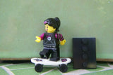 BRAND NEW, NOW RARE RETIRED LEGO MINIFIGURE COLLECTIBLE: SKATEBOARDER GIRL WITH SKATEBOARD, PONY TAIL HAIR + BLACK BASE, Serie 6, YEAR 2012, 6 PIECES