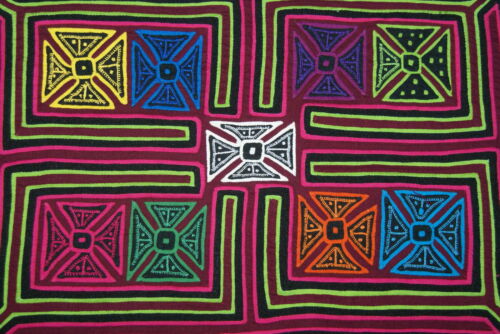 Kuna Indian Folk Art Mola Blouse Panel from San Blas Islands, Panama. Hand Stitched Reverse Applique:  Geometric Abstract Bows Motif 16.5
