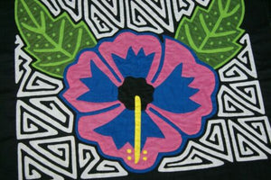 Kuna Indian Folk Art Mola from San Blas Islands, Panama. Hand stitched Applique: Pink Hibiscus Flower 14.5" x 12.5" (360)