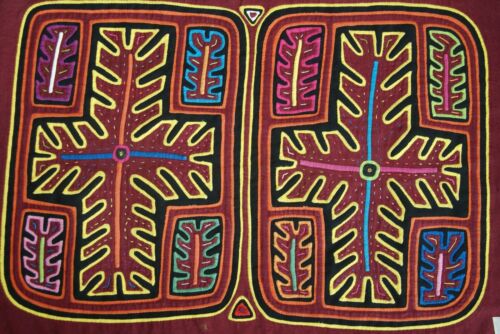 Kuna Indian Folk Art Mola Blouse Panel from San Blas, Panama. Hand stitched Reverse Applique: Abstract Fern Branch Motifs 17.75