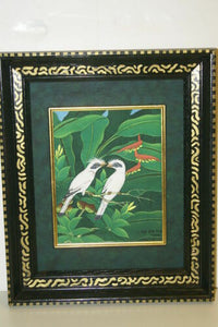 17.5 x 14.5”ORIGINAL DETAILED COLORFUL BALINESE PAINTING ON CANVAS RENOWN UBUD ARTIST RAINFOREST PARADISE WITH FOLIAGE BIRD OF PARADISE FLOWERS STARLING BIRDS FRAMED IN SIGNED CUSTOM FRAME HANDPAINTED TO MATCH ARTWORK DECORATOR DESIGNER ART DFBB55