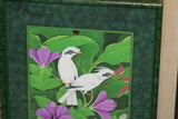 21”x 16.5” DETAILED COLORFUL  BALINESE PAINTING ON CANVAS RENOWN UBUD ARTIST RAINFOREST PARADISE FOLIAGE STARLING BIRDS PURPLE HIBISCUS FRAMED IN SIGNED CUSTOM FRAME HAND PAINTED TO MATCH  ARTWORK DFBB48 DECORATOR DESIGNER ART COLLECTOR HOME DÉCOR