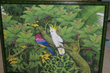 GIGANTIC 36”x 28” ORIGINAL DETAILED COLORFUL  BALINESE PAINTING ON CANVAS SIGNED BY RENOWN UBUD ARTIST RAINFOREST PARADISE WITH FOLIAGE FLOWERS ORCHID FRUIT COCKATOO BIRD FRAMED IN SIGNED CUSTOM FRAME HAND PAINTED TO MATCH  ARTWORK DFBB1 DESIGNER ART
