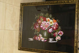 From Hmong Hill Tribe Talented Artist   29,5" x 24" Unique Detailed Silk Embroidery of Flower Bouquet Peonies, daisies in vase: Museum Art Tapestry Masterpiece in Hand Painted Signed Frame DFH1 Wall Art Décor Designer Collector Detailed